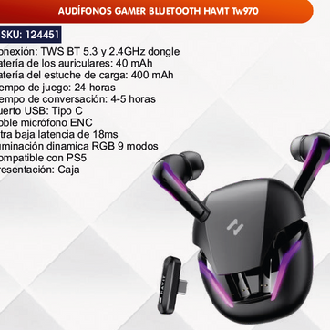 Imagen del producto AUDÍFONOS GAMER BLUETOOTH HAVIT Tw970