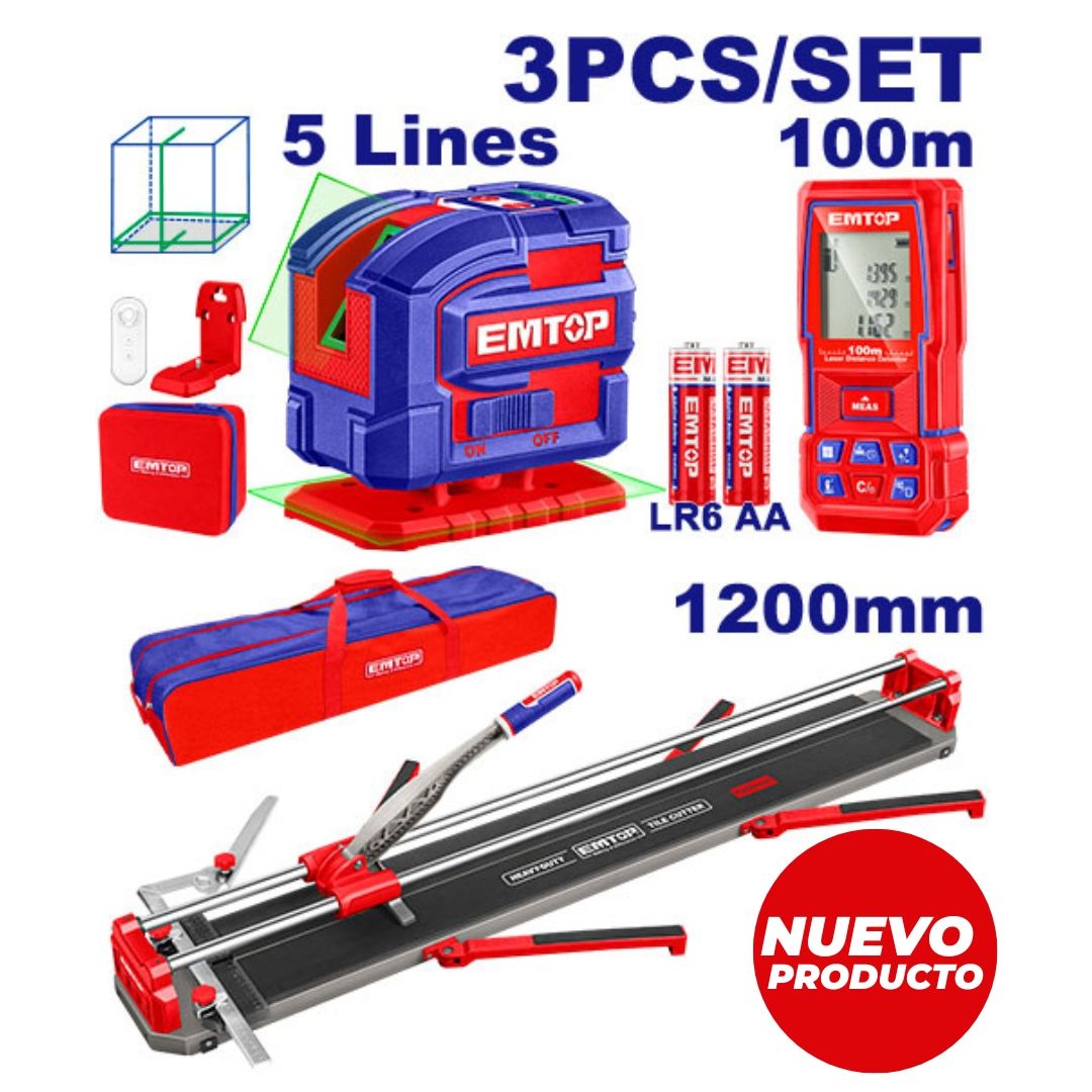 EMTOP COMBO 3PC CORTABALDOSA 1200+NIVEL LASER 5LINEAS+MEDIDOR DISTANCIA 100MTS
