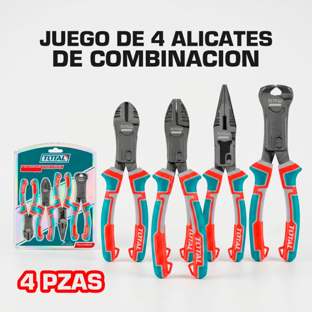 JUEGO DE ALICATES DE COMBINACION DE 4 PIEZAS MANGO DE TRES COLORES 