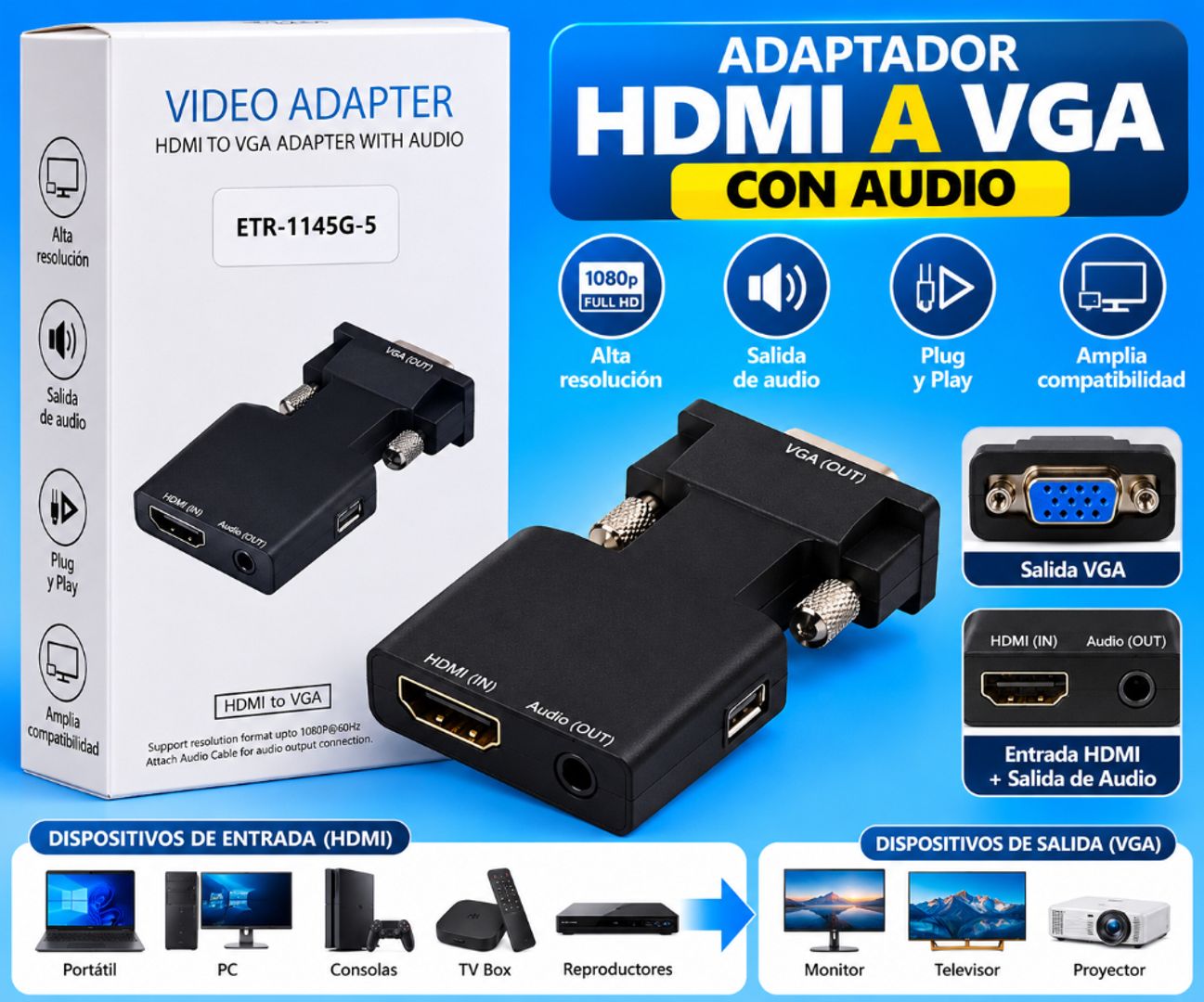 Adaptador HDMI a VGA con Audio ETR-1145G-5: