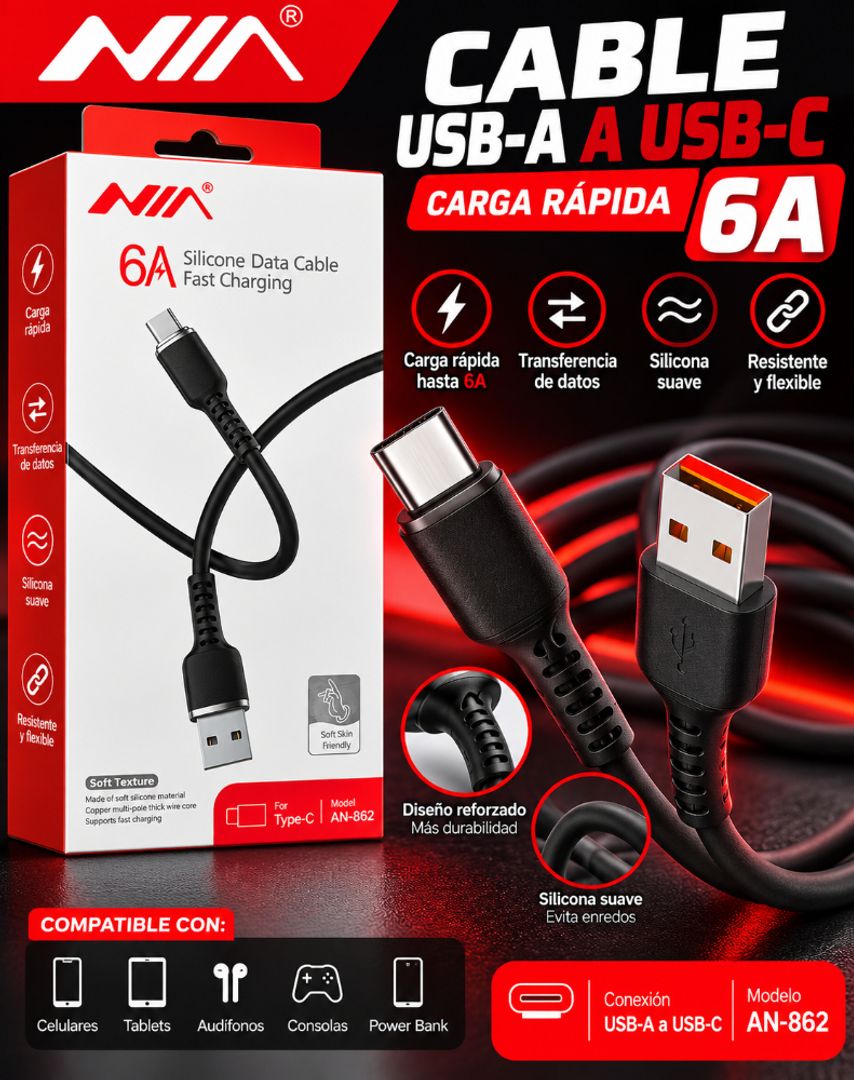 Cable USB-A a USB-C NIA AN-862 – Carga rápida 6A