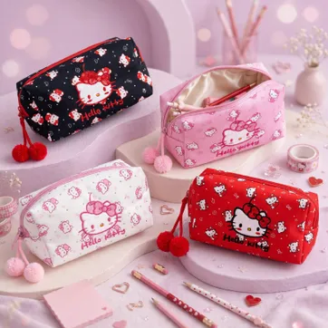 CARTUCHERA HELLO KITTY CON PIEDRITAS & POMPONES - imagen 1