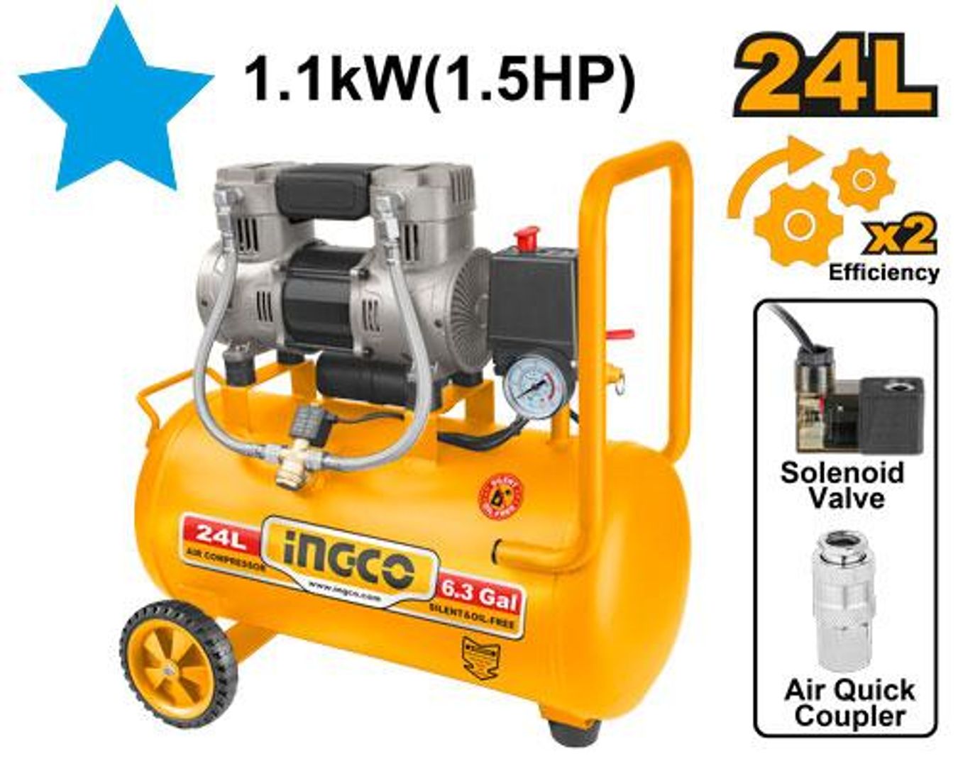 COMPRESOR DE AIRE 1.1KW 1.5HP LIBRE DE ACEITE 24 LITROS