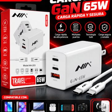 Imagen del producto CARGADOR NIA AN-203 GAN 65W – CARGA RÁPIDA