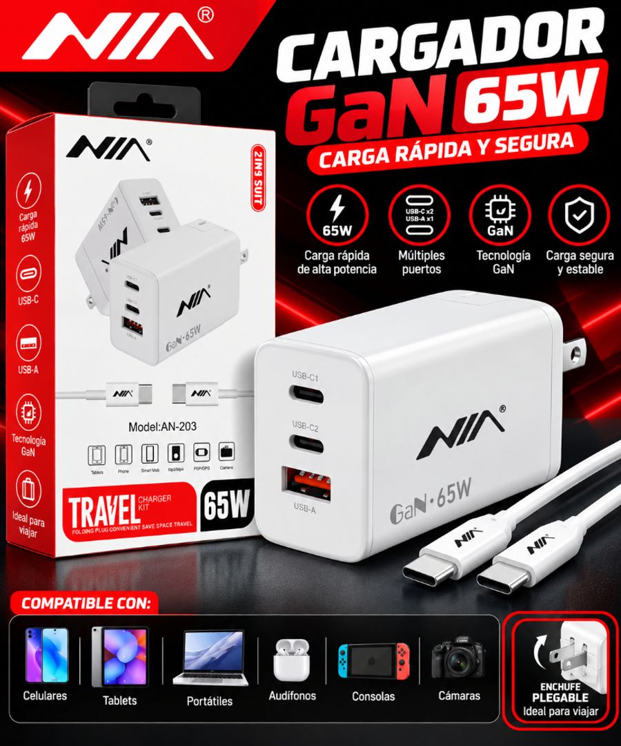 CARGADOR NIA AN-203 GAN 65W – CARGA RÁPIDA