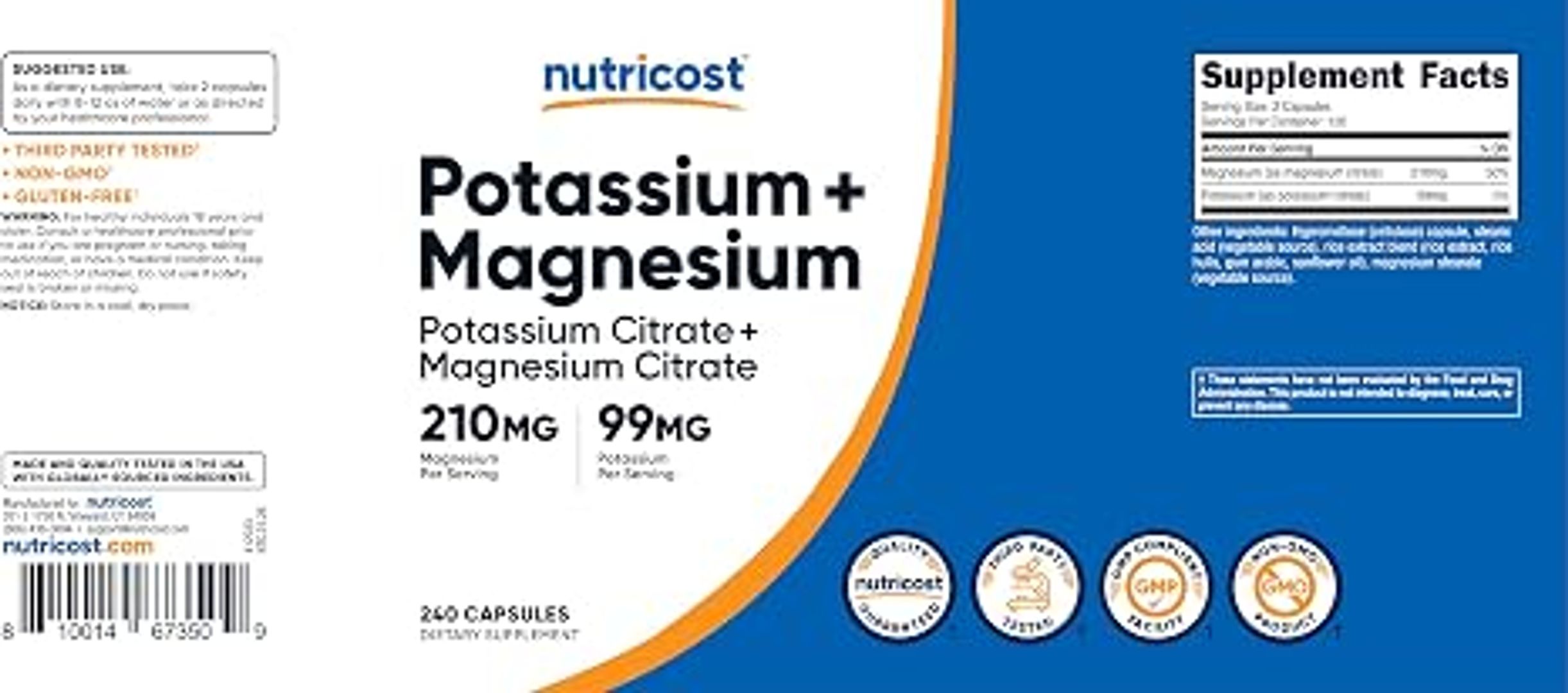 Potasio (99 mg) Citratos de magnesio (210 mg), 240 CAP Nutricost 