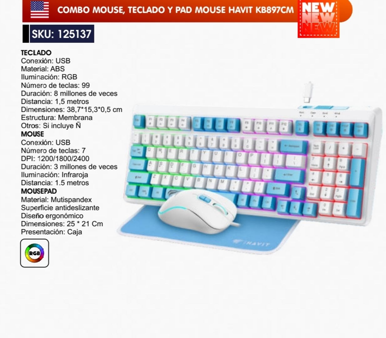 COMBO MOUSE, TECLADO Y PAD MOUSE HAVIT 
