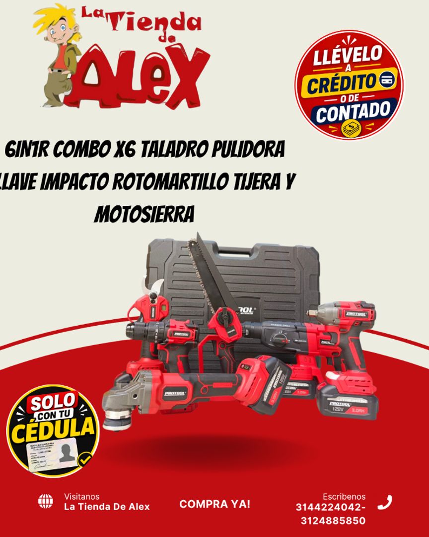 6IN1R COMBO X6 TALADRO PULIDORA LLAVE IMPACTO ROTOMARTILLO TIJERA Y MOTOSIERRA