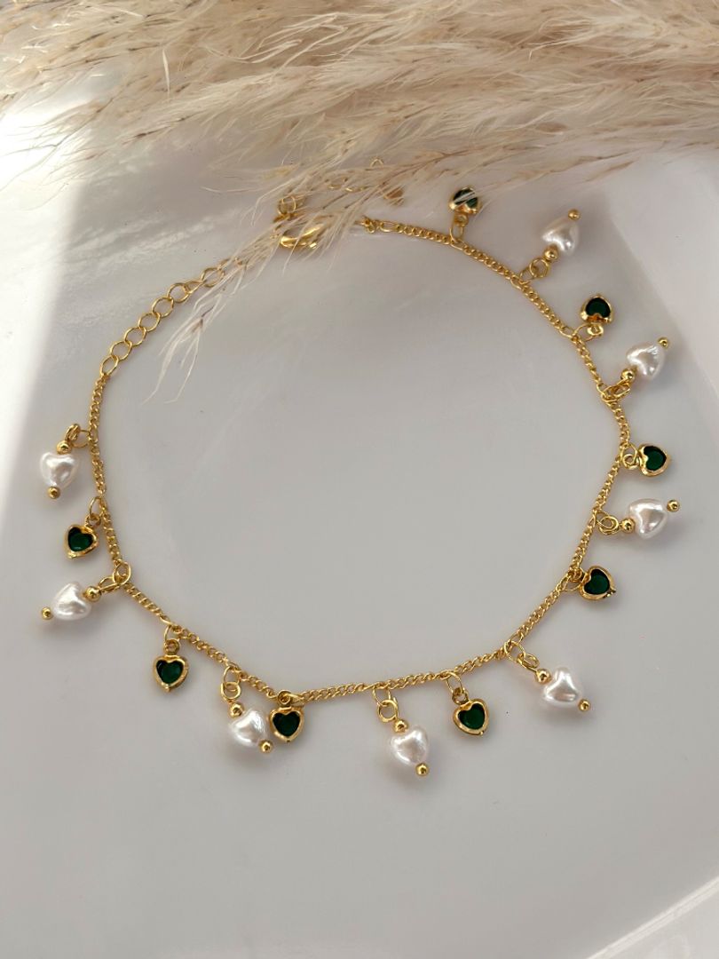 Tobillera perla corazón esmeralda 