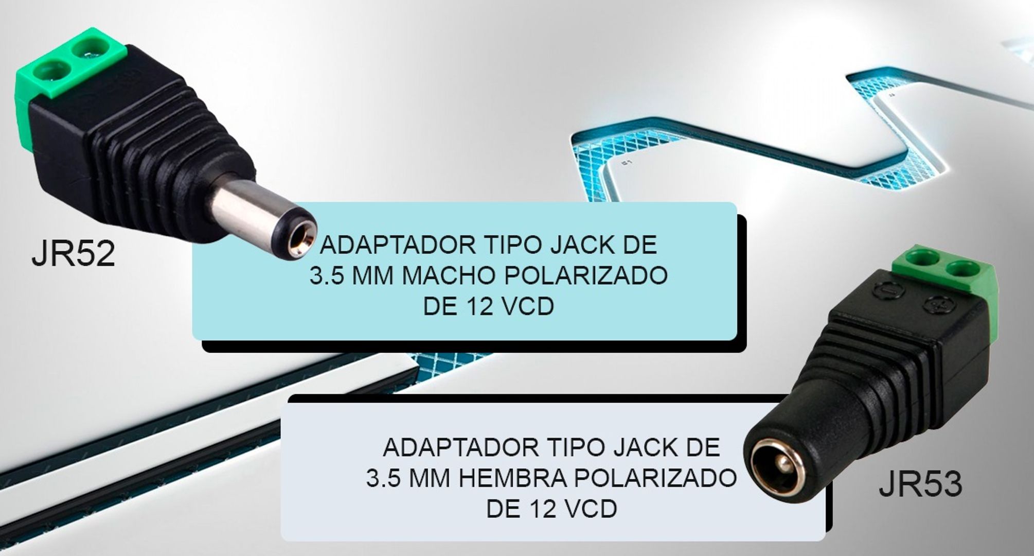 Adaptador tipo Jack 3.5mm macho y hembra polarizado de 12V