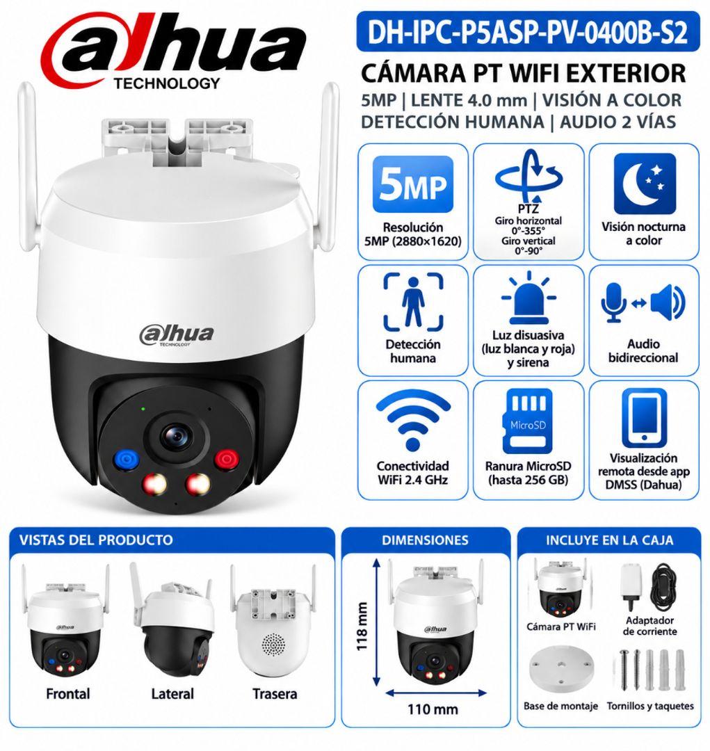 Cámara Dahua PT WiFi 5MP – DH-IPC-P5ASP-PV-0400B-S2