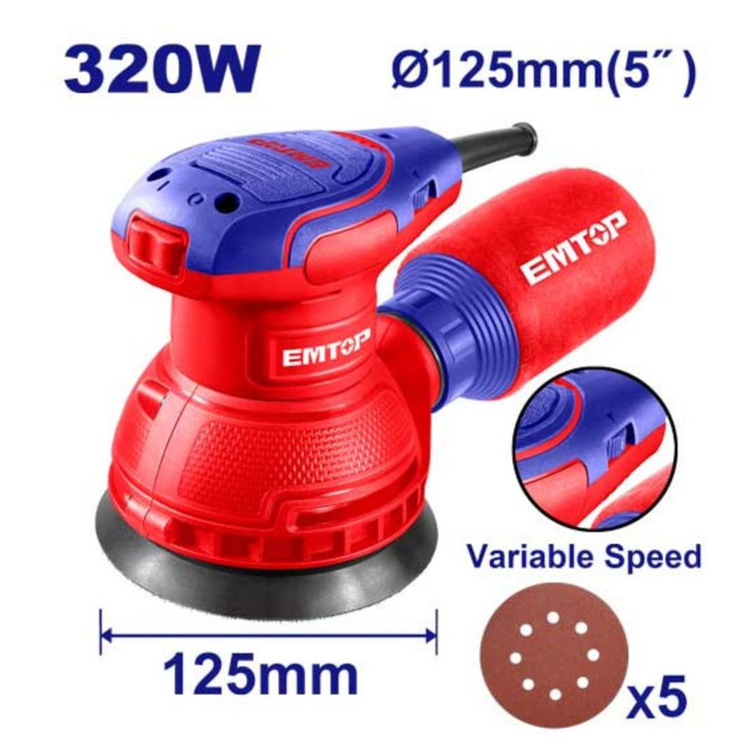 EMTOP LIJADORA ROTO ORBITAL 5" VELOCIDAD VARIABLE  320W/120V  + 5 LIJAS SUPER EMTOP