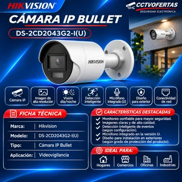 Imagen del producto Cámara IP Bullet Hikvision DS-2CD2043G2-I(U) | Videovigilancia Profesional