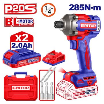 EMTOP ATORNILLADOR DE IMPACTO 1/4 BRUSHLESS INALAM 20V + 2BAT 2.0Ah+CARGADOR+ 5 ACCESORIOS SUPER EMTOP - imagen 2