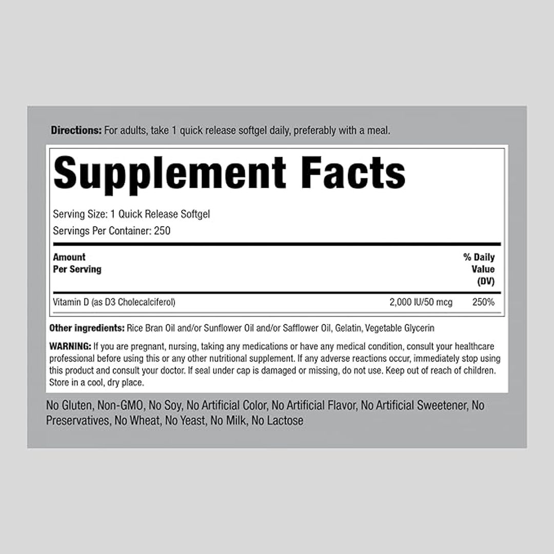 Vitamina D3 2000 UI 250 cap blandas Piping Rock 