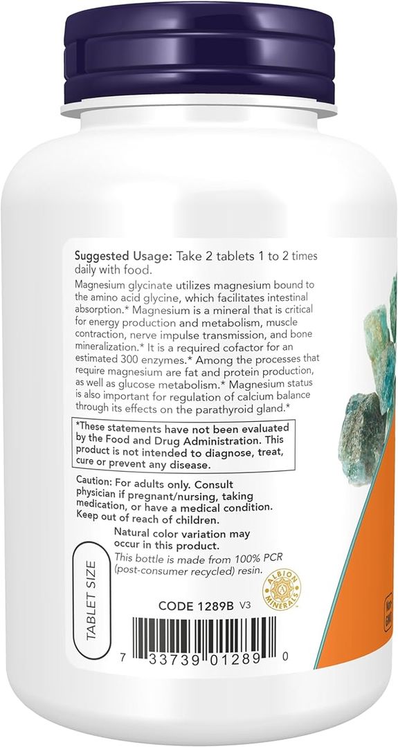 Glicinato de MAGNESIO 100 mg, forma altamente absorbible, 180 tabletas NOW