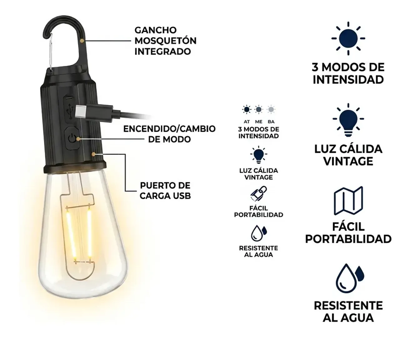 BOMBILLO LED RECARGABLE VINTAGE 3 MODOS LUZ CAMPING PORTATIL