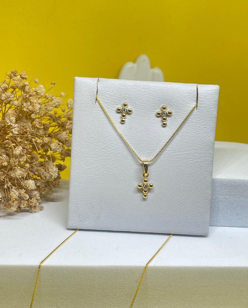 Conjunto cadena veneciana 40cm + dije y topos cruz balin cristal