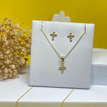 Imagen del producto Conjunto cadena veneciana 40cm + dije y topos cruz balin cristal