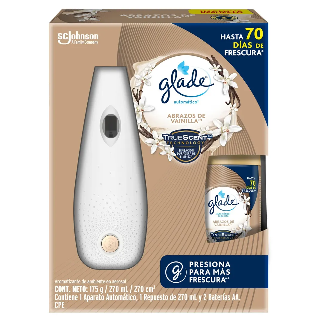 GLADE AUTOMATICO ABRAZOS DE VAINILLA APARATO + REPUESTO X 270 ML