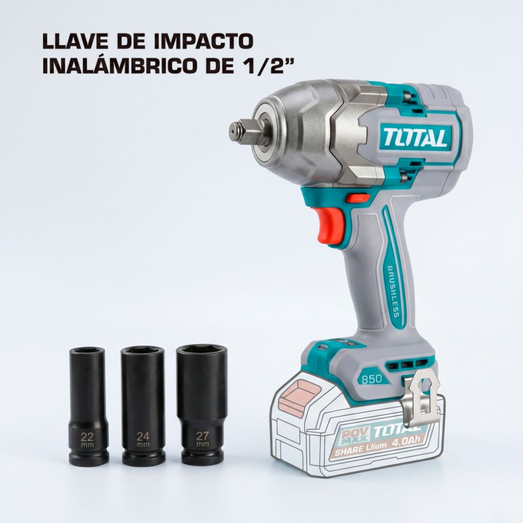 LLAVE DE IMPACTO INALAMBRICO 1/2" 850NM  SIN BATERIA NI CARGADOR