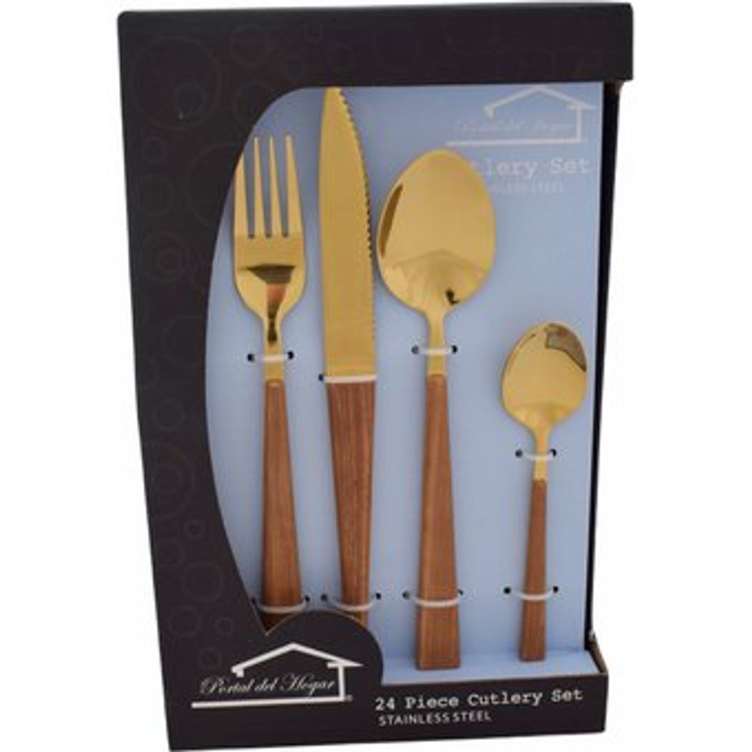 JUEGO DE CUBIERTOS ACERO DORADO MANGO MADERA