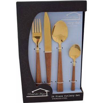 Imagen del producto JUEGO DE CUBIERTOS ACERO DORADO MANGO MADERA