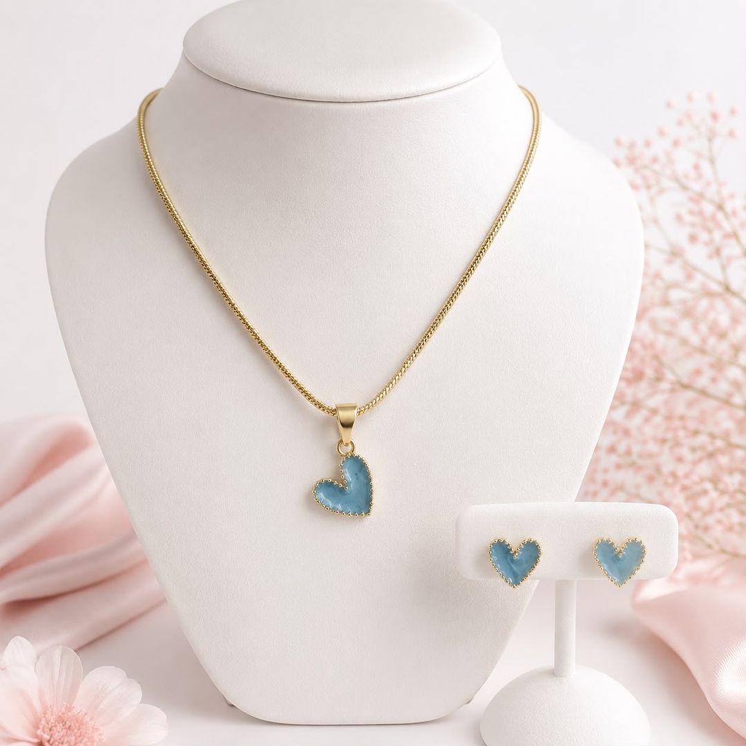 Set collar , Dije + Aretes Corazón Agua marina 