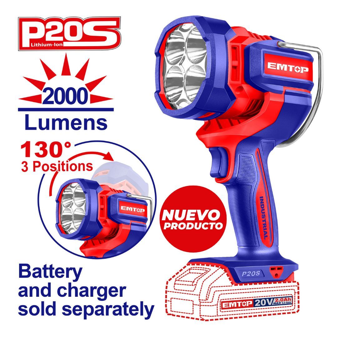 EMTOP LAMPARA DE TRABAJO LED 2000 LUMENS 20V NO INCLUYE BARTERIA NI CARGADOR