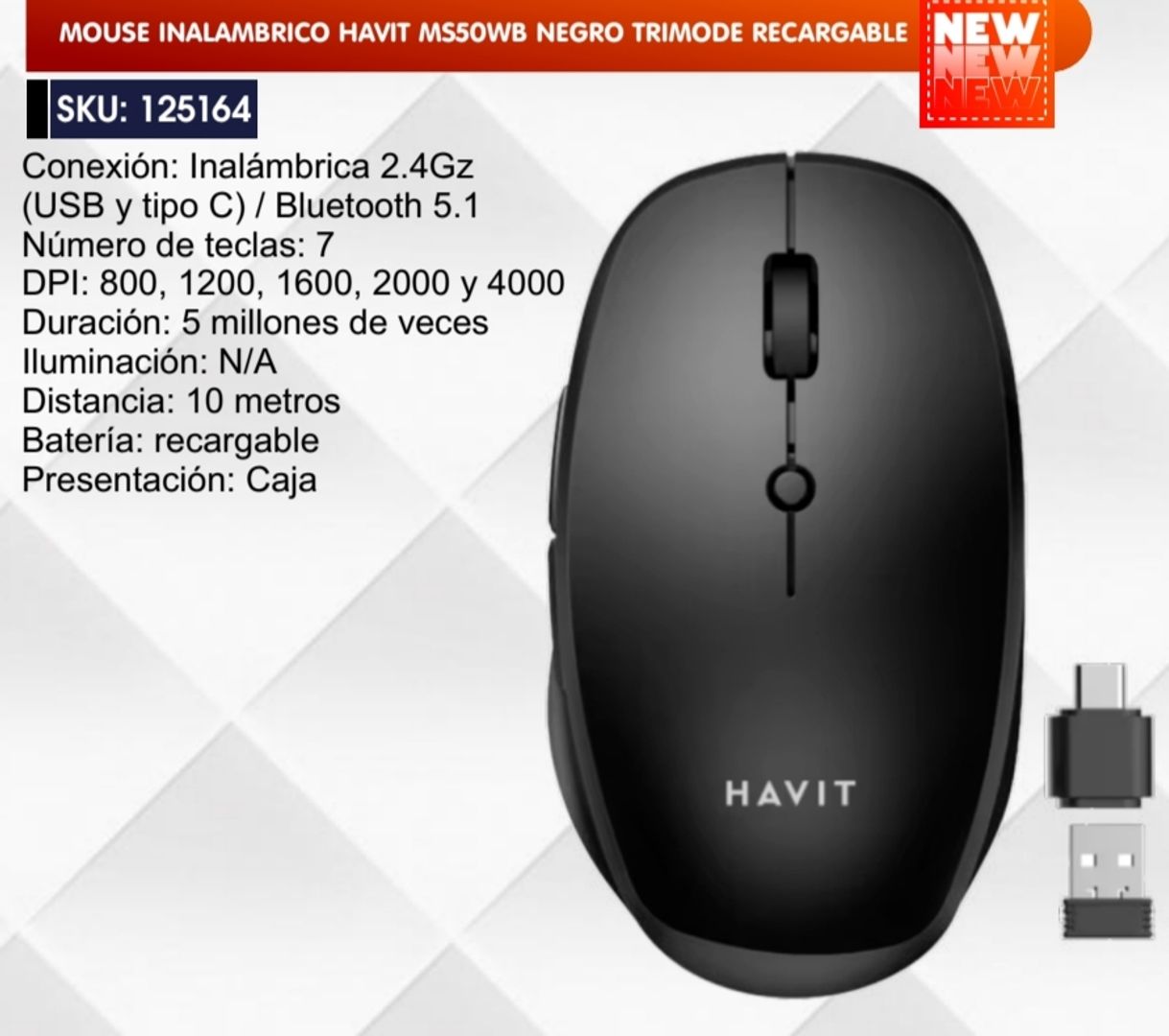 MOUSE INALÁMBRICO HAVIT NEGRO TRIMODE RECARGABLE 