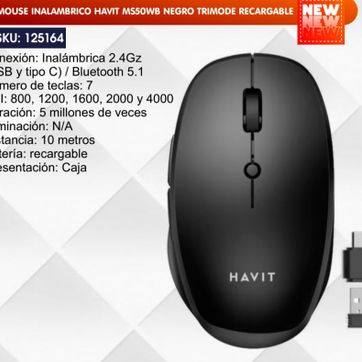 Imagen del producto MOUSE INALÁMBRICO HAVIT NEGRO TRIMODE RECARGABLE 