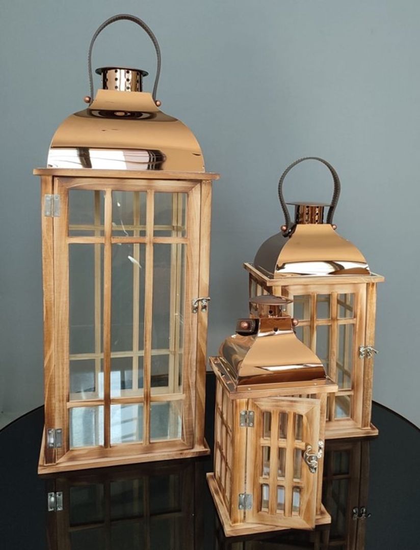 Set x3 Faroles Madera y Metal Cobrizo