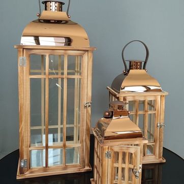 Imagen del producto Set x3 Faroles Madera y Metal Cobrizo