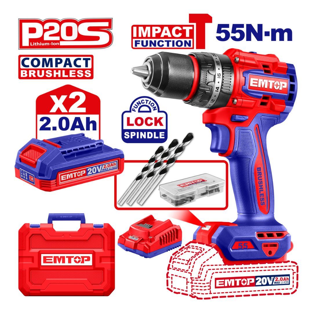 EMTOP TALADRO 1/2 BRUSHLESS PERCUTOR INALAM 20V 55Nm