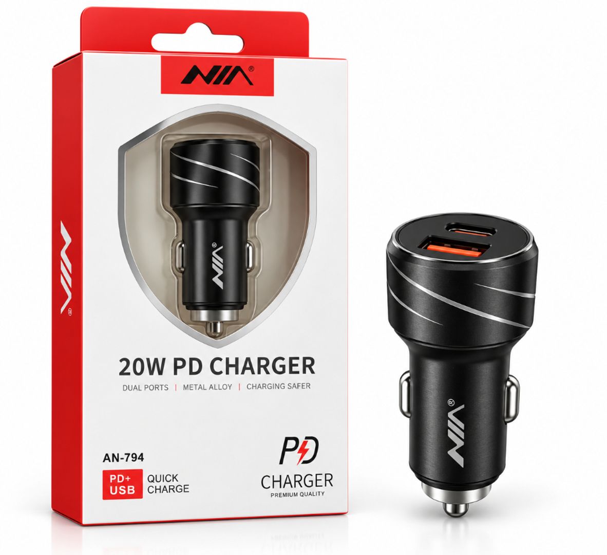 Cargador para carro NIA AN-794 de 20W PD + USB – Carga rápida