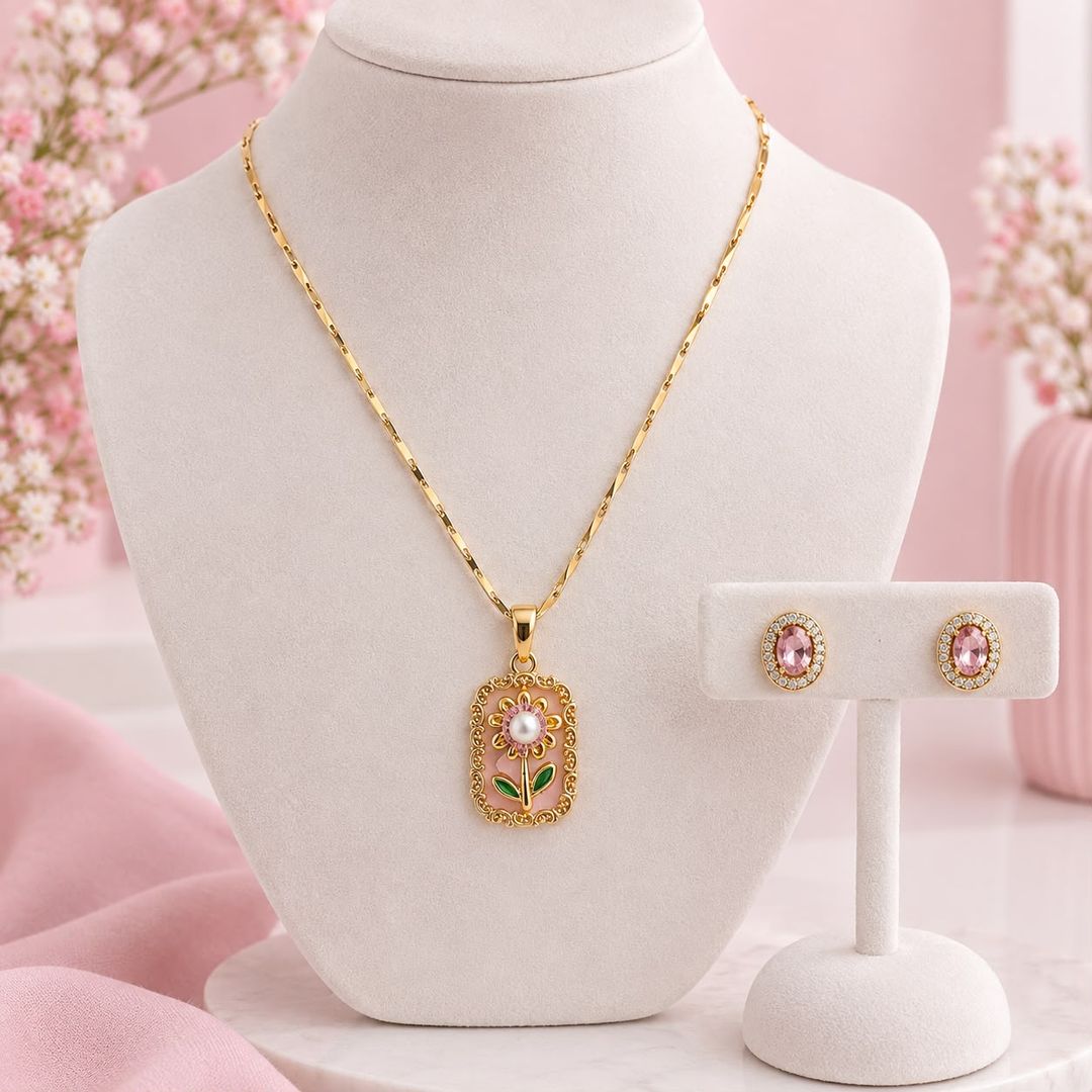 Set Collar Dije Flor Rosada 