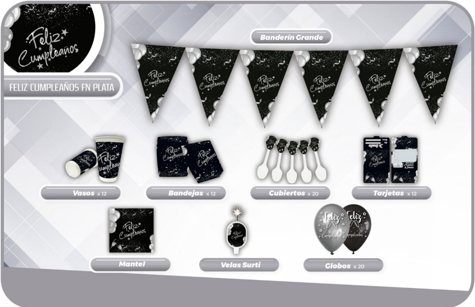 DECORACIÓN FELIZ CUMPLEAÑOS NEGRO PLATEADO