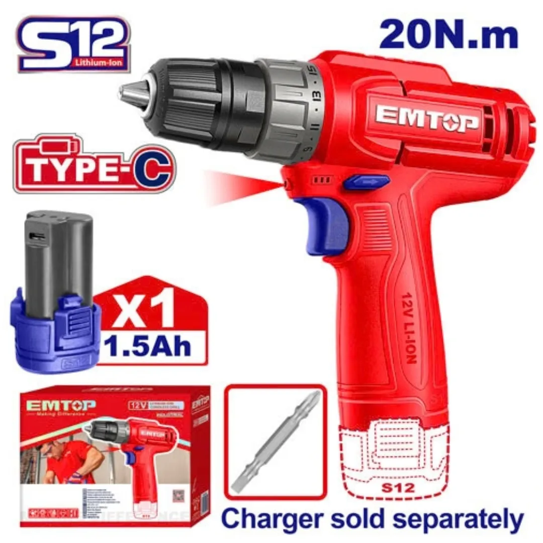 EMTOP TALADRO ATORNILLADOR 3/8 INALAM 12V+1 BATERIA 1.5Ah CARGA TIPO C