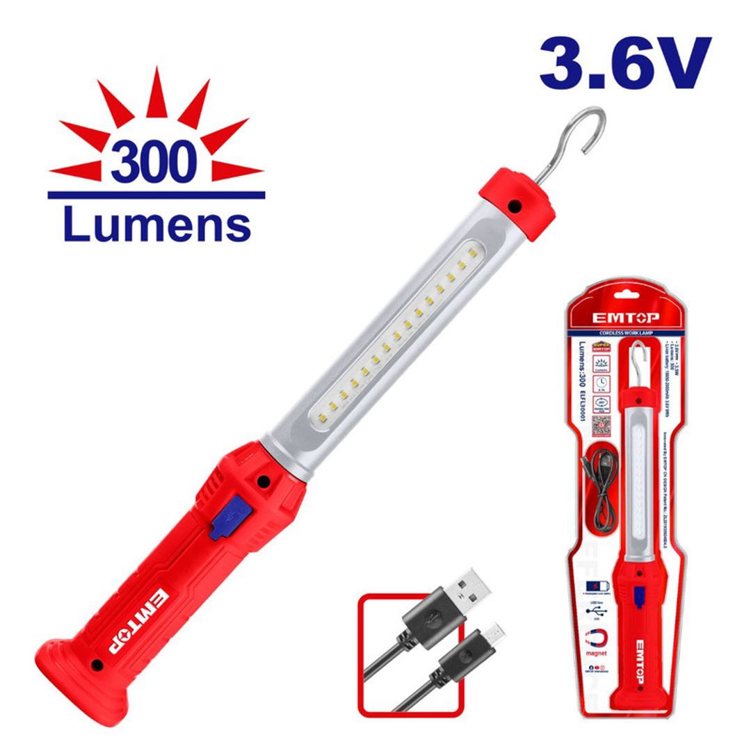 EMTOP LAMPARA RECARGABLE LED 300 LUMENS PARA TRABAJO CON GANCHO INCLUYE CABLE TIPO C CARGAR SUPER EMTOP