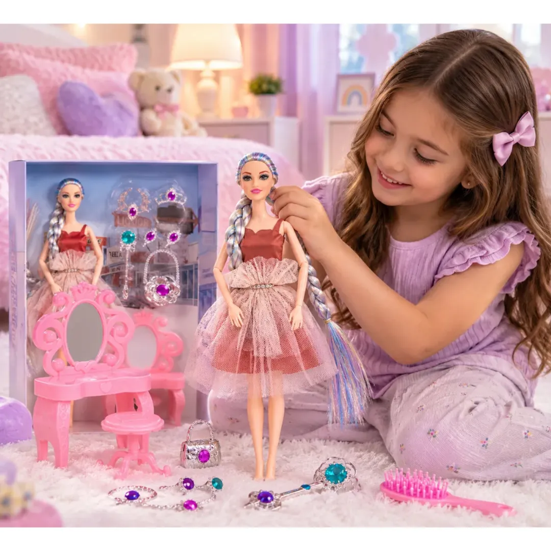 MUÑECA MODEL CON ACCESORIOS Y TOCADOR