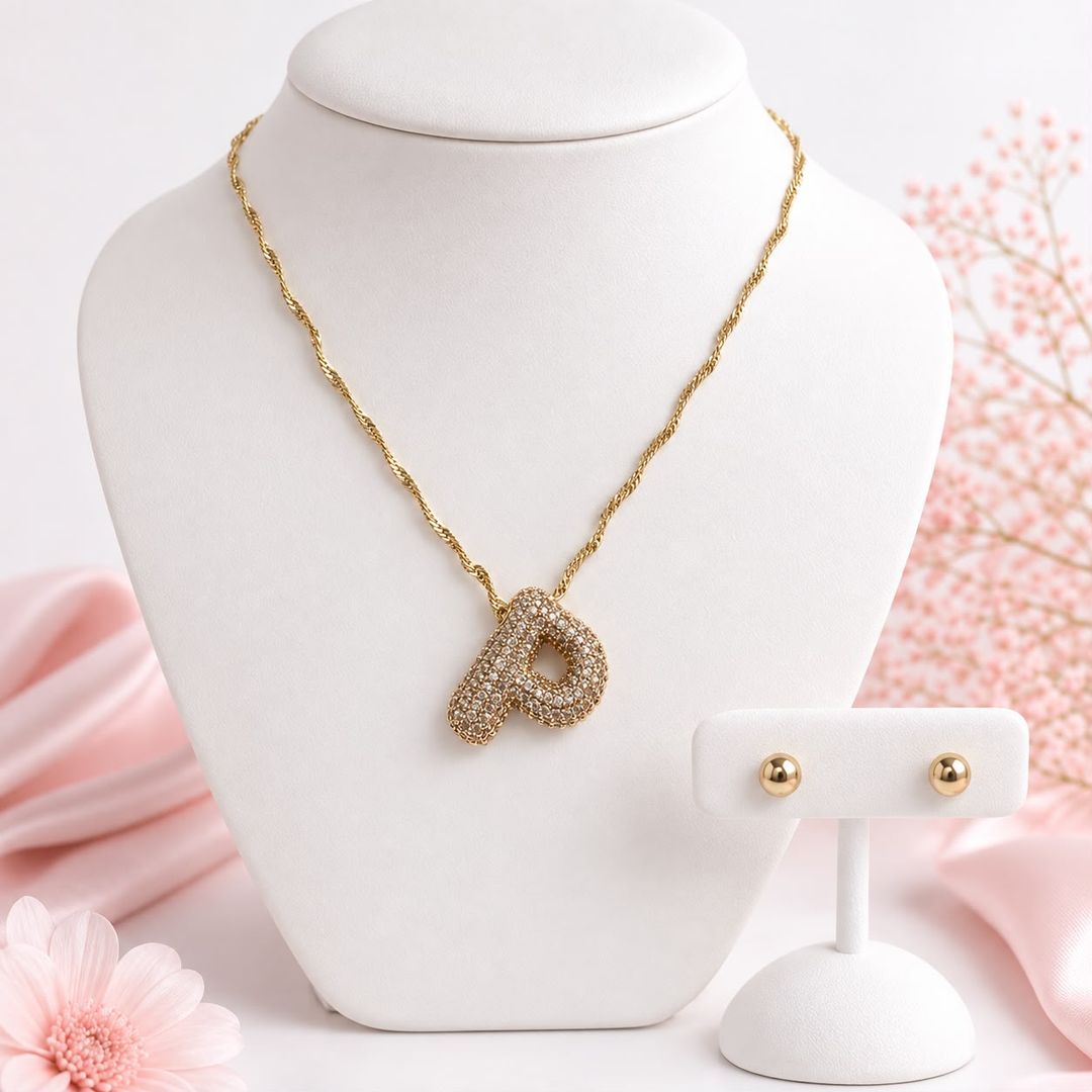 Set Collar Ajustable Inicial P Rodio + Aretes
