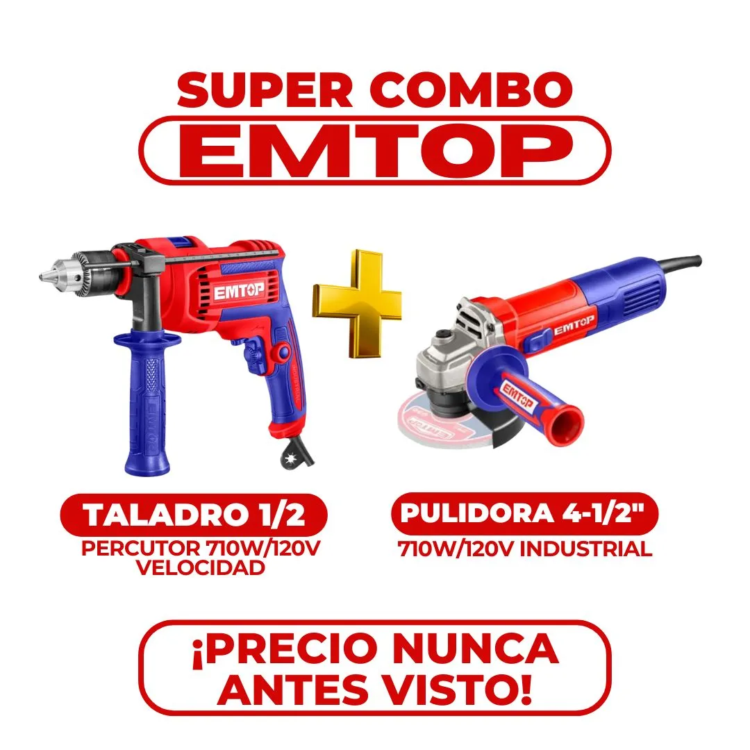 EMTOP COMBO EMTOP TALADRO 1/2 PERCUTOR 710W/120 + PULIDORA 4-1/2" 710W/120V INDUSTRIAL (ULMDL0716+ULAGR17181) REFERENCIA: EMTCOMB001