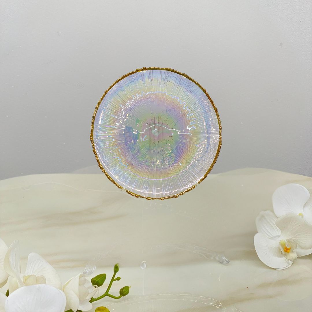 Plato Postre Cristal Tornasol borde Dorado