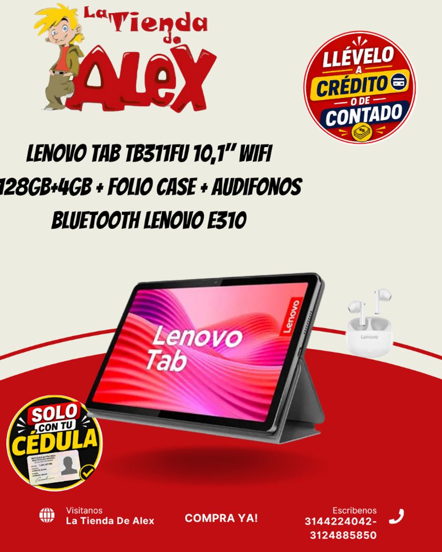 Lenovo Tab TB311FU 10,1" WIFI 128GB+4GB + Folio Case + Audifonos Bluetooth Lenovo E310