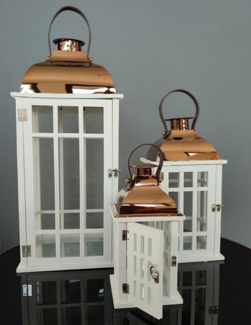 Set x3 Faroles Madera Blanca y Metal Cobrizo