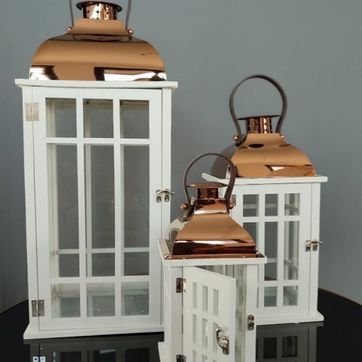 Imagen del producto Set x3 Faroles Madera Blanca y Metal Cobrizo