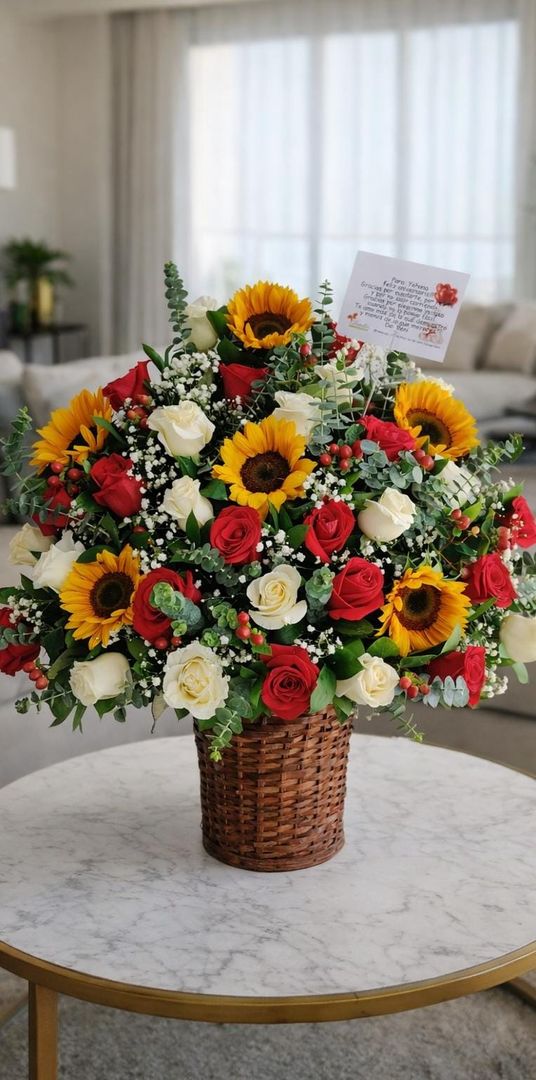 canasta, rosas y girasoles. 