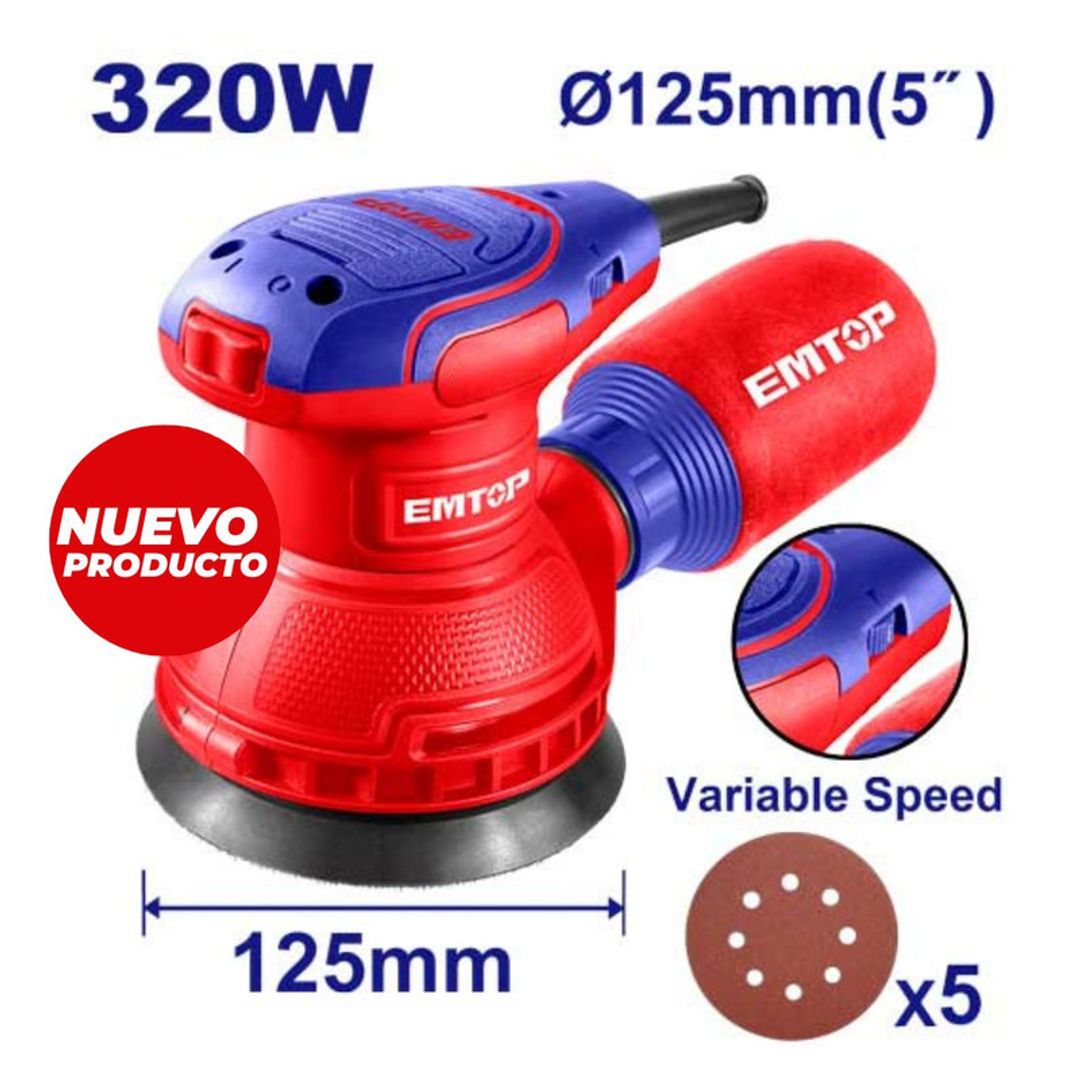 EMTOP LIJADORA ROTO ORBITAL 5" VELOCIDAD VARIABLE  320W/120V  + 5 LIJAS SUPER EMTOP