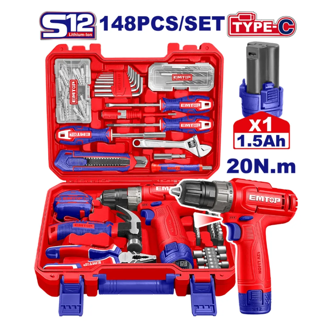 EMTOP TALADRO 3/8 148PCS INALAM 12V 1 BATERIA 1.5Ah SUPER EMTOP