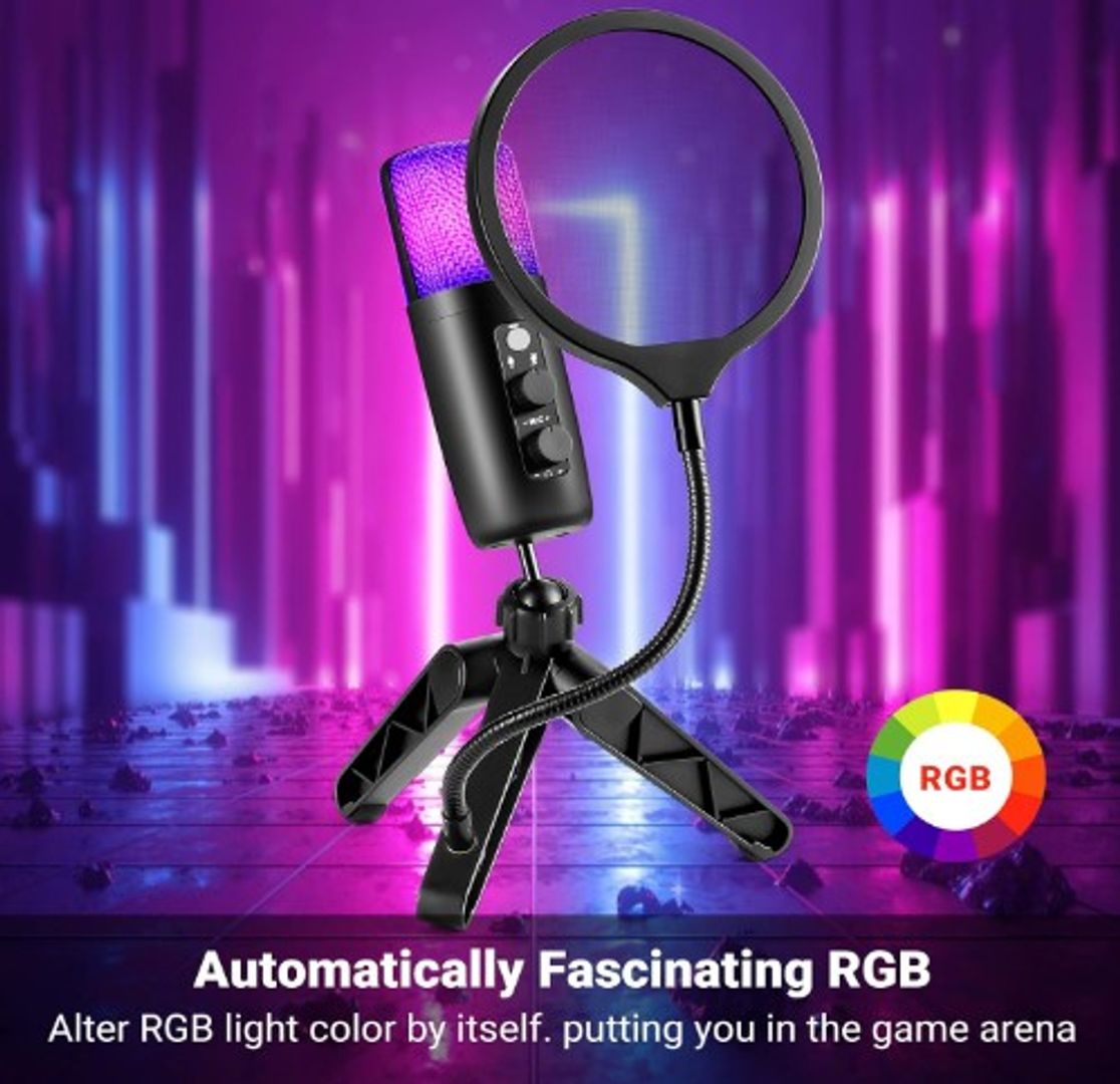  Micrófono Condensador USB+Tipo C, Micrófono de Computadora RGB con Filtro Pop y Trípode Adecuado para Windows, Mac OS, Linux, PC, Micrófono Multifuncional...